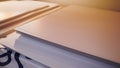 Close-up of large stacks of clean white paper. Stock footage. Stocks of high-quality clean paper for office printouts