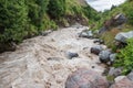 Close-up of a large turbulent flow of water in the river.