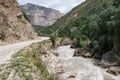 Close-up of a large turbulent flow of water in the river. A mountain river carries its waters posing a danger to careless actions.