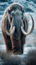 Close-up of a large woolly mammoth standing in the snowy mountains, Generative AI