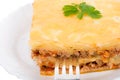 Close-up lasagne on plate with fork