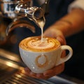 Close up of latte art on a coffee cup created by barista