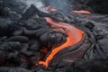 close-up of lava flowing from the vent and pooling on the ground