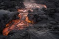 close-up of lava flowing from the vent and pooling on the ground