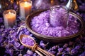 close-up of lavender bath salts with candles Royalty Free Stock Photo