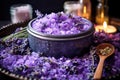 close-up of lavender bath salts with candles Royalty Free Stock Photo