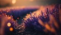 Close-up of a lavender field with the setting sun. Golden hour among blooming flowers. Seasonal background.