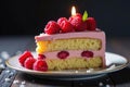 Close up, layered cake, lit candle, raspberries, instafood, texture, romantic Royalty Free Stock Photo