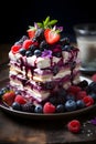 Close-up layered cake showcasing a mix of berries