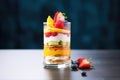 close-up of layered fruit parfait in glass