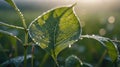 Sunlit Dew-Covered Leaf in Morning Light, a Vibrant Nature Close-up Royalty Free Stock Photo