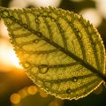 Close-up of a leaf with visible veins, backlit by warm sunlight Royalty Free Stock Photo
