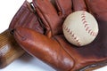 A close up of a Leather baseball glove, ball an wooden bat Royalty Free Stock Photo