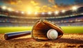 Baseball Glove with Wooden Bat and Ball on a Baseball Field - Generative Ai Royalty Free Stock Photo