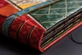 close-up of leather-bound book spine and stitching