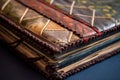 close-up of leather-bound book spine and stitching