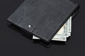 Close up of wallet with cash money isolated on black background. 3d rendering.