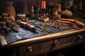 close-up of leather on workbench with shoemaking tools Royalty Free Stock Photo