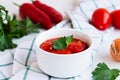 Close-up lecso national dish of Hungarian cuisine with pepper and tomato Royalty Free Stock Photo