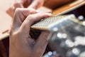 Close up of the left hand of a guitarist playing chords Royalty Free Stock Photo