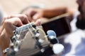 Close up of the left hand of a guitarist playing chords Royalty Free Stock Photo