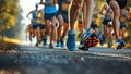 Close-up of the legs of a group of runners in a popular race, running on an asphalt road Royalty Free Stock Photo