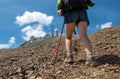 Close up of legs hiker on the trail of Pic du Midi de Bigorre in