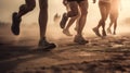 Close up legs runner group running on sunrise seaside trail.
