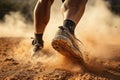 Close-up of the legs of a runner running through the sand, Rear view closeup sport shoe of racer in running on trail with dust, AI