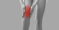 Close up of legs of unknown woman holding her sore injured knee on gray background.