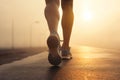 Close up on legs of a woman running on foggy morning after the rain. Runners legs on a sunrise