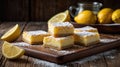 Delicious Lemon Bars with Powdered Sugar on Rustic Wooden Board Royalty Free Stock Photo
