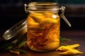 close-up of lemon peels infusing in glass jar