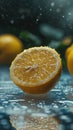 A close up of a lemon sitting on top of water, AI