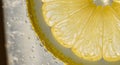 Close-up of a lemon slice in a carbonated liquid. The image Royalty Free Stock Photo