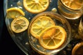 close-up of lemon slices floating in ice-cold pitcher