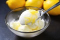 a close-up of a lemon sorbet scoop