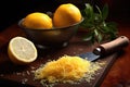 close-up of lemon zest and a zester on a table