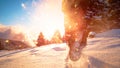 LOW ANGLE: Joyful woman on winter vacation runs into the glistening fresh snow.