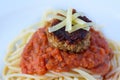 Close up of lentil meatball with burst tomato pasta Royalty Free Stock Photo