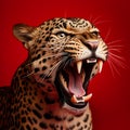 Close-up leopard portrait, studio shoot concept on red background