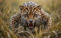 Fierce Jaguar Roaring in Tall Grass Royalty Free Stock Photo