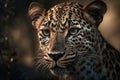 Close-up of a leopard's face with sharp teeth and intense gaze Royalty Free Stock Photo