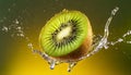 Close-up of levitating fresh kiwi half with splashes of water. Tasty and healthy food. Organic fruit