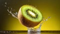 Close-up of levitating fresh kiwi half with splashes of water. Tasty and healthy food. Organic fruit