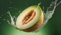 Close-up of levitating fresh melon with splashes of water. Tasty and healthy food. Organic fruit Royalty Free Stock Photo