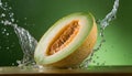 Close-up of levitating fresh melon with splashes of water. Tasty and healthy food. Organic fruit Royalty Free Stock Photo