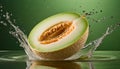 Close-up of levitating fresh melon with splashes of water. Tasty and healthy food. Organic fruit Royalty Free Stock Photo