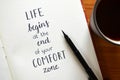 `LIFE BEGINS AT THE END OF YOUR COMFORT ZONE` hand-lettered in notebook