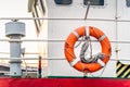 Close up on lifebuoys equipped on fireboat or firefighter ship Royalty Free Stock Photo